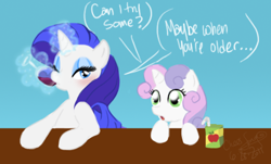 Size: 481x291 | Tagged: safe, artist:midori-no-ink, character:rarity, character:sweetie belle, alcohol, dialogue, drink, juice box, magic, sisters