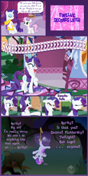 Size: 800x1590 | Tagged: safe, artist:voodoo-tiki, character:rarity, character:sweetie belle, species:pony, species:unicorn, episode:hearts and hooves day, g4, my little pony: friendship is magic, abuse, bathrobe, clothing, comic, female, forest, hub logo, implied fluttershy, implied twilight sparkle, implied zecora, red eyes, robe, rope, sisters, suspended, sweetiebuse, upside down