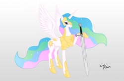Size: 1200x785 | Tagged: safe, artist:lunarapologist, character:princess celestia, armor, female, solo, sword