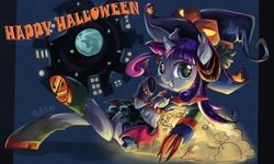 Size: 4000x2400 | Tagged: safe, artist:akamei, oc, oc only, oc:sami, clothing, female, filly, halloween, hat, holiday, horns, jack-o-lantern, pixiv, pumpkin, solo, sorceress, succubus, witch hat