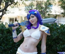 Size: 2048x1707 | Tagged: safe, artist:blakstarr, character:rarity, species:human, anime los angeles, bellyring, cosplay, irl, irl human, photo, solo, sword, weapon