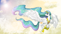 Size: 4000x2250 | Tagged: safe, artist:yoonny92, character:princess celestia, absurd resolution, cloud, cloudy, female, flying, lens flare, looking back, pixiv, sky, smiling, solo, spread wings, wallpaper, wings