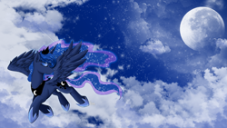 Size: 1920x1080 | Tagged: dead source, safe, artist:yoonny92, character:princess luna, cloud, cloudy, eyes closed, eyeshadow, female, flying, moon, night, sky, smiling, solo, spread wings, wallpaper, wings