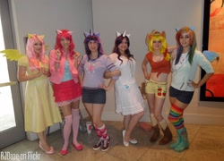 Size: 1938x1392 | Tagged: safe, artist:mollyisacatlady, artist:twinklebatcosplay, artist:xsoulxxxreaperx, character:applejack, character:fluttershy, character:pinkie pie, character:rainbow dash, character:rarity, character:twilight sparkle, species:human, belly button, cosplay, dragoncon, dragoncon 2011, front knot midriff, irl, irl human, mane six, midriff, photo