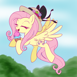 Size: 1500x1500 | Tagged: safe, artist:pauuhanthothecat, character:fluttershy, clothing, eating, female, flying, food, hat, ice cream, solo