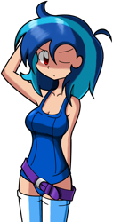 Size: 438x862 | Tagged: safe, artist:kurus22, character:dj pon-3, character:vinyl scratch, species:human, belt, clothing, female, humanized, one-piece swimsuit, pixiv, school swimsuit, solo, swimsuit, thigh highs