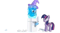 Size: 1024x563 | Tagged: safe, artist:tswt, character:trixie, character:twilight sparkle, character:twilight sparkle (alicorn), species:alicorn, species:pony, species:unicorn, :t, clothing, duo, duo female, female, hat, homestar runner, inconvenient trixie, looking at each other, looking down, looking up, mare, simple background, trixie's hat, wat, water cooler, white background