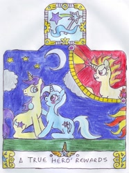 Size: 772x1036 | Tagged: safe, artist:chatsium, character:comet tail, character:trixie, character:twilight sparkle, blushing, cometrix, female, fire, illuminated manuscript, jealous, male, rage, rapidash, shipping, straight