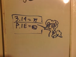 Size: 1280x960 | Tagged: safe, artist:vinny van yiffy, character:pinkie pie, species:earth pony, species:pony, dry erase board, fancy mathematics, female, mare, pi, pie, pun, traditional art, π
