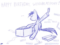 Size: 800x600 | Tagged: safe, artist:thelonelampman, oc, oc only, oc:wingbeat, species:pegasus, species:pony, ..., birthday, box, exploitable meme, frown, hoof hold, male, present, simple background, sketch, stallion, tags, throwing, unamused, underhoof, white background