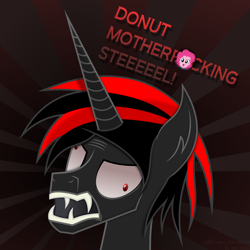 Size: 6000x6000 | Tagged: dead source, safe, artist:radiationalpha, character:pinkie pie, oc, species:alicorn, species:pony, my little pony:equestria girls, absurd resolution, alicorn oc, censorship, derp, donut steel, edgy, familiar, fangs, long horn, male, novelty censor, original character do not steal, pointy horn, red and black oc, screaming, semi-vulgar, slit eyes, solo, sunburst background, vector, vulgar