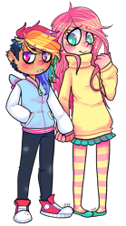 Size: 541x975 | Tagged: safe, artist:soullessteddybear, character:fluttershy, character:rainbow dash, species:human, ship:flutterdash, clothing, converse, female, humanized, jacket, lesbian, letterman jacket, light skin, moderate dark skin, shipping, shoes, sweater, sweatershy