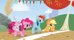 Size: 1210x660 | Tagged: safe, artist:larsurus, edit, character:applejack, character:pinkie pie, character:rainbow dash, crab pony, jet, meme, race, running of the leaves, spiderjack