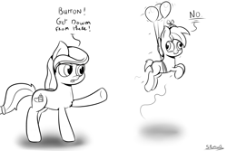 Size: 3000x2000 | Tagged: safe, artist:spenws, character:button mash, oc, oc:cream heart, balloon, balloon fight, button's adventures, derp, first world anarchist, flying, imminent grounding, monochrome, parenting, rebel, this will end in grounding