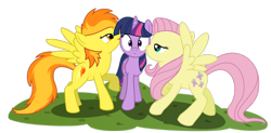 Size: 1362x669 | Tagged: safe, artist:muffinsforever, character:fluttershy, character:spitfire, character:twilight sparkle, character:twilight sparkle (unicorn), species:pegasus, species:pony, species:unicorn, ship:twishy, g4, blushing, female, kiss on the cheek, kiss sandwich, kissing, lesbian, mare, ot3, shipping, simple background, transparent background, trio, twifire, twilight sparkle gets all the mares