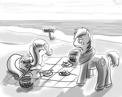 Size: 1000x800 | Tagged: safe, artist:thorheim, character:big mcintosh, character:fluttershy, species:earth pony, species:pony, ship:fluttermac, beach, male, monochrome, picnic, shipping, stallion, straight