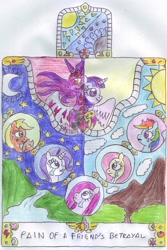 Size: 730x1094 | Tagged: safe, artist:chatsium, character:applejack, character:fluttershy, character:pinkamena diane pie, character:pinkie pie, character:rainbow dash, character:rarity, character:twilight sparkle, character:twilight sparkle (alicorn), species:alicorn, species:pony, depressed, dimness void, duality, evil, female, mare, moon, sad, stars, sun, valley