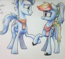 Size: 611x557 | Tagged: safe, artist:erudier, character:rainbow dash, character:soarin', ship:soarindash, female, male, shipping, straight, traditional art