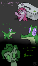 Size: 700x1200 | Tagged: safe, artist:muffinsforever, character:gummy, character:pinkamena diane pie, character:pinkie pie, species:earth pony, species:pony, broccoli, comic, doom: repercussions of evil, female, food, greatest fear, mare, parody, refrigerator, vegetables, veggies, wat