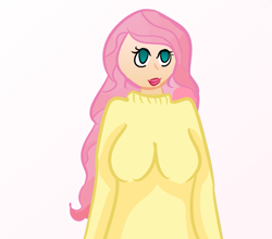 Size: 1203x1061 | Tagged: safe, artist:sadyuri, character:fluttershy, species:human, breasts, busty fluttershy, clothing, female, humanized, light skin, solo, sweater, sweatershy, vacuum sealed clothing