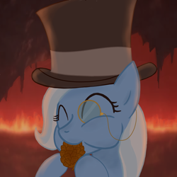 Size: 800x800 | Tagged: safe, artist:muffinsforever, character:trixie, species:pony, species:unicorn, g4, clothing, eating, eyes closed, fancy, female, hat, hell, mare, monocle, pinecone, random, solo, top hat, trixie eating pinecones