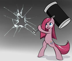 Size: 1300x1100 | Tagged: safe, artist:muffinsforever, character:pinkamena diane pie, character:pinkie pie, species:earth pony, species:pony, bipedal, breaking the fourth wall, female, fourth wall, fourth wall destruction, gradient background, hammer, insanity, mare, shrunken pupils, smiling, solo, the fourth wall cannot save you