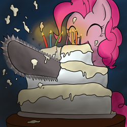 Size: 900x900 | Tagged: safe, artist:muffinsforever, character:pinkie pie, species:earth pony, species:pony, g4, cake, candle, chainsaw, eyes closed, female, mare, solo