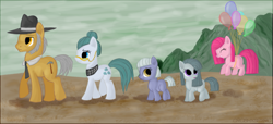 Size: 1427x650 | Tagged: safe, artist:xwreathofroses, character:cloudy quartz, character:igneous rock pie, character:limestone pie, character:marble pie, character:pinkie pie, balloon, clothing, family, filly, glasses, hat, necktie, pie family, quartzrock, rock farm, younger