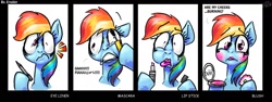Size: 1461x547 | Tagged: safe, artist:erudier, character:rainbow dash, blushing, body control, comic, eyeliner, forced makeover, lipstick, makeup, mascara, rainbow dash always dresses in style, vulgar