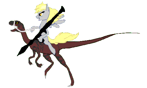 Size: 500x300 | Tagged: safe, artist:teschke, character:derpy hooves, species:pegasus, species:pony, animated, awesome, badass, dinosaur, epic derpy, female, mare, ponies riding dinosaurs, rpg, rpg (weapon), solo, velociraptor