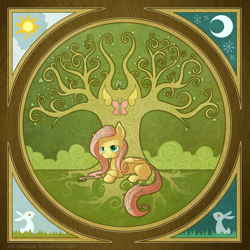 Size: 1200x1200 | Tagged: dead source, safe, artist:thenecrobalam, character:fluttershy, species:pegasus, species:pony, species:rabbit, crossed hooves, element of harmony, element of kindness, flower, flower in hair, flower in tail, missing cutie mark, modern art, moon, nouveau, sun, tree