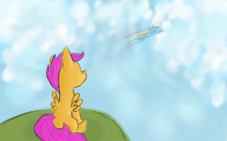 Size: 1280x800 | Tagged: safe, artist:darkestsunset, character:rainbow dash, character:scootaloo, flying, observer