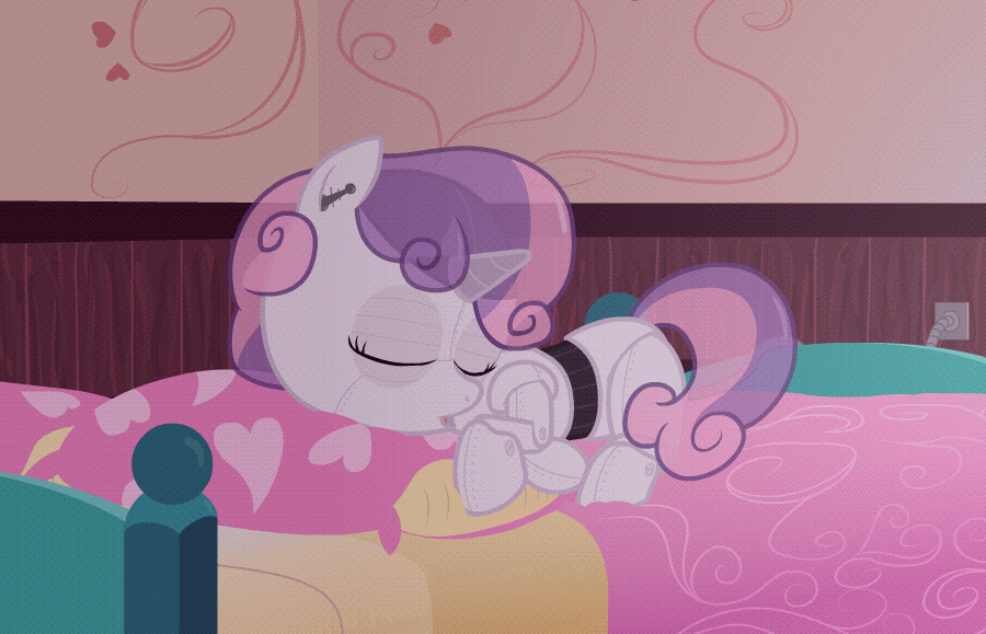 Size: 900x579 | Tagged: safe, artist:pageturner1988, character:sweetie belle, species:pony, species:unicorn, sweetie bot, animated, bed, breathing, charging, cute, diasweetes, eyes closed, female, filly, foal, gif, hooves, horn, lying down, open mouth, pillow, robot, sleeping, solo