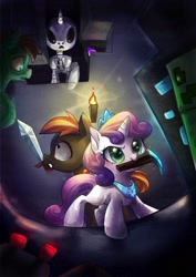 Size: 1240x1748 | Tagged: safe, artist:akamei, character:button mash, character:sweetie belle, species:earth pony, species:pony, species:unicorn, bone, colt, creeper, dark, diamond pickaxe, don't mine at night, female, fight, filly, foal, glow, male, minecraft, mouth hold, pickaxe, pixiv, skeleton, skeleton pony, sword, undead, weapon, zombie, zombie pony