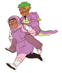 Size: 699x825 | Tagged: safe, artist:nyan-cow, character:spike, character:sweetie belle, species:human, ship:spikebelle, converse, female, hijab, humanized, islam, male, moderate dark skin, piggyback ride, shipping, shoes, straight