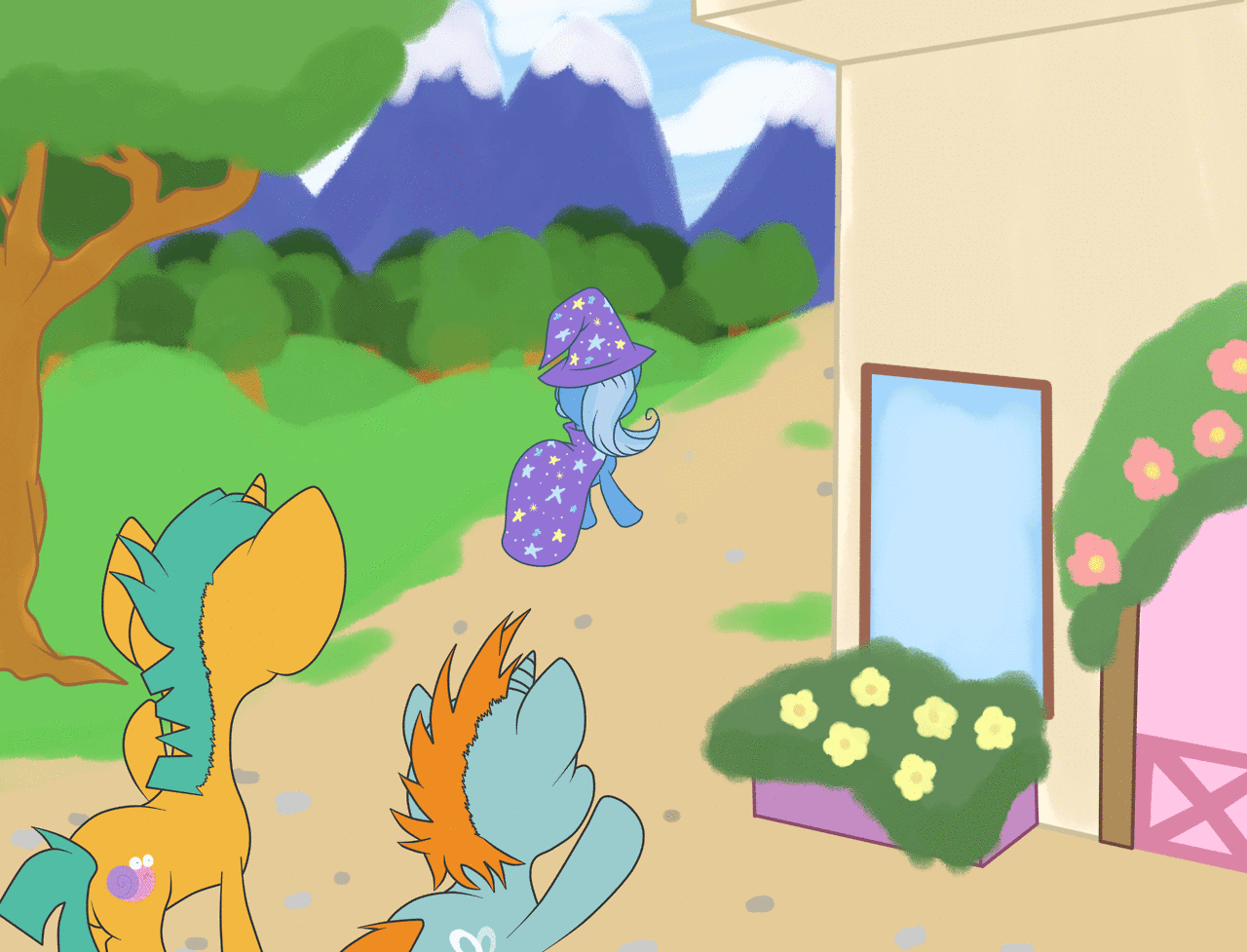 Size: 1280x977 | Tagged: safe, artist:thepiplup, character:snails, character:snips, character:trixie, animated, traveling-trixie, trixie's fans, tumblr