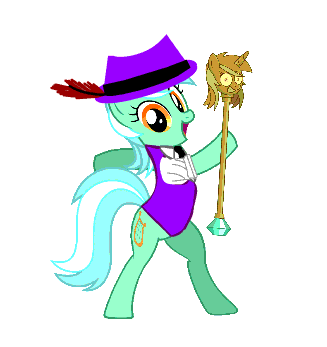 Size: 327x347 | Tagged: safe, artist:battybovine, artist:justice_nugget, artist:radiationalpha, edit, character:lyra heartstrings, species:pony, animated, bipedal, cane, clothing, female, gif, hat, hat pop, human behavior, lyra pimpstrings, open mouth, pimp, pimp hat, pimpin' ain't easy, scepter, semi-anthro, simple background, smiling, solo, twilight scepter, walking, white background
