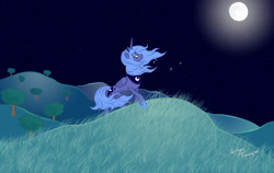 Size: 1600x1011 | Tagged: safe, artist:lunarapologist, character:princess luna, species:alicorn, species:pony, crying, female, moon, night, s1 luna, solo, windswept mane