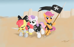 Size: 1700x1074 | Tagged: safe, artist:lunarapologist, character:apple bloom, character:scootaloo, character:sweetie belle, armor, crusader, cutie mark crusaders, fantasy class, flag, knight, knights hospitaller, paladin, pun, sword, warrior