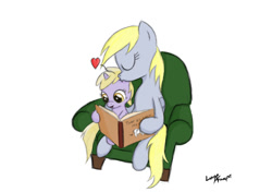 Size: 915x644 | Tagged: safe, artist:lunarapologist, character:derpy hooves, character:dinky hooves, species:pegasus, species:pony, equestria's best mother, female, kissing, mare, reading, where is my cow?