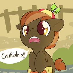 Size: 2000x2000 | Tagged: safe, artist:thenecrobalam, character:button mash, species:earth pony, species:pony, buttonbetes, california, clothing, colt, cute, dialogue, foal, hat, hooves, male, nintendo, open mouth, propeller hat, solo, speech bubble, teeth, the wizard