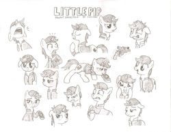 Size: 1016x786 | Tagged: safe, artist:teschke, oc, oc only, oc:littlepip, species:pony, species:unicorn, fallout equestria, black and white, blushing, clothing, cutie mark, expressions, eyes closed, fanfic, fanfic art, female, floppy ears, glowing horn, grayscale, gun, handgun, hooves, horn, levitation, little macintosh, magic, mare, monochrome, open mouth, optical sight, pipbuck, revolver, simple background, smiling, solo, teeth, telekinesis, text, vault suit, weapon, white background
