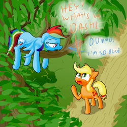 Size: 1000x1000 | Tagged: safe, artist:cgeta, character:applejack, character:rainbow dash, blue, dialogue, floppy ears, prone, pun, sad, spread wings, tree, wings