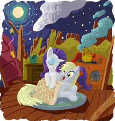 Size: 900x951 | Tagged: safe, artist:leavingcrow, character:derpy hooves, character:rarity, species:pegasus, species:pony, blanket, duo, eyes closed, female, mare