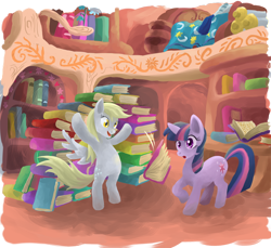 Size: 900x825 | Tagged: safe, artist:leavingcrow, character:derpy hooves, character:twilight sparkle, species:pony, bipedal, book, book fort, duo, golden oaks library, library