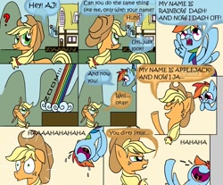 Size: 1035x857 | Tagged: safe, artist:cgeta, character:applejack, character:rainbow dash, comic, crying, funny, laughing, tears of laughter, trolling