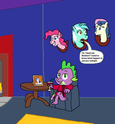 Size: 1328x1432 | Tagged: safe, artist:mighty355, character:bon bon, character:lyra heartstrings, character:pinkie pie, character:spike, character:sweetie drops, alicorn drama, bathrobe, bon bon is not amused, clothing, dialogue, disembodied head, drama, fangs, grin, implied sparity, mounted head, robe, sitting, smiling, speech bubble, unamused, wat