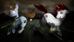 Size: 1024x576 | Tagged: safe, artist:teschke, oc, oc only, oc:blackjack, oc:littlepip, species:pony, species:unicorn, fallout equestria, fallout equestria: project horizons, augmented, biohacking, clothing, cloud, cloudy, cutie mark, cyber legs, cyborg, drunk, fanfic, fanfic art, female, floppy ears, gritted teeth, hooves, horn, mare, open mouth, pipbuck, road, ruins, running, shooting, vault suit, wasteland