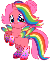 Size: 844x1024 | Tagged: safe, artist:creshosk, oc, oc only, oc:cherry bloom, species:alicorn, species:pony, alicorn oc, blushing, colored wings, female, filly, multicolored wings, not a vector, rainbow hair, rainbow power, rainbow power-ified, rainbow tail, rainbow wings, solo