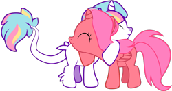 Size: 1445x766 | Tagged: safe, artist:creshosk, oc, oc only, oc:cherry bloom, oc:lorelei, species:alicorn, species:classical unicorn, species:pony, alicorn oc, eyes closed, filly, hug, leonine tail, simple background, transparent background, vector
